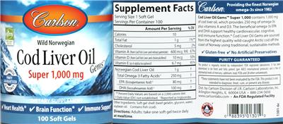 Photo of the Carlson Cod Liver Oil Gems Super 1,000 mg label