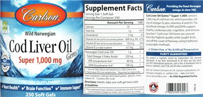 Photo of the Carlson Cod Liver Oil Gems Super 1,000 mg label