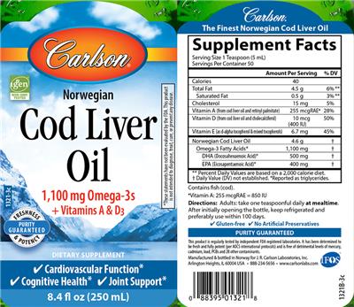 Photo of the Carlson Norwegian Cod Liver Oil label
