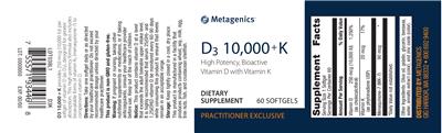 Photo of the Metagenics D3 10,000 + K label