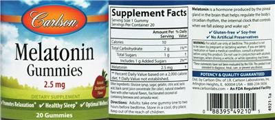 Photo of the Carlson Melatonin Gummies 2.5 mg Natural Strawberry Flavor label