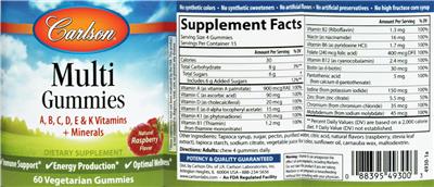 Photo of the Carlson Multi Gummies Natural Raspberry Flavor label