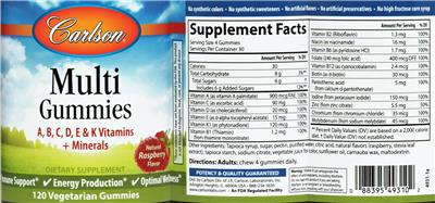 Photo of the Carlson Multi Gummies Natural Raspberry Flavor label
