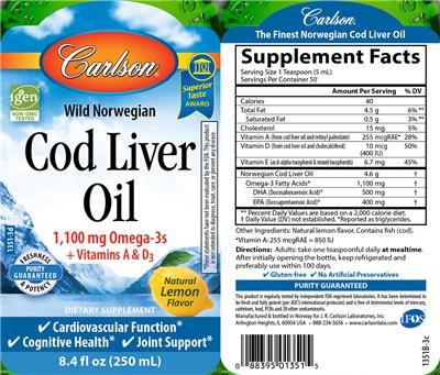 Photo of the Carlson Wild Norwegian Cod Liver Oil Natural Lemon Flavor label