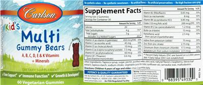Photo of the Carlson Kid's Multi Gummy Bears Natural Raspberry Flavor label