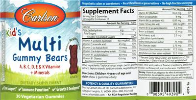 Photo of the Carlson Kid's Multi Gummy Bears Natural Raspberry Flavor label