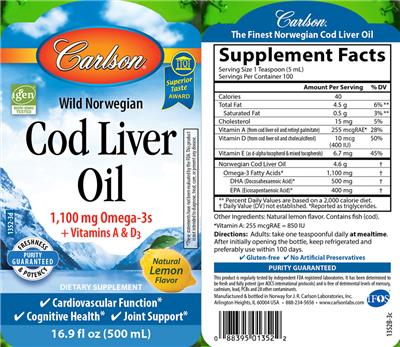 Photo of the Carlson Wild Norwegian Cod Liver Oil Natural Lemon Flavor label