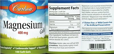 Photo of the Carlson Magnesium Gels 400 mg label