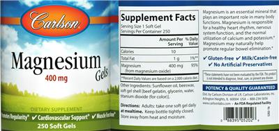 Photo of the Carlson Magnesium Gels 400 mg label