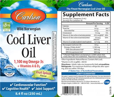 Photo of the Carlson Wild Norwegian Cod Liver Oil Fruit Splash Flavor label
