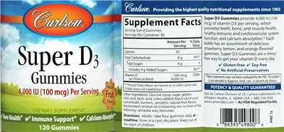 Photo of the Carlson Super D3 Gummies 4,000 IU (100 mcg) Natural Fruit Flavors label