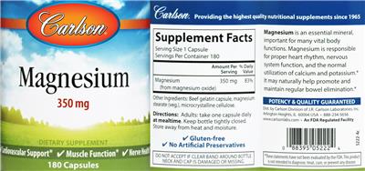 Photo of the Carlson Magnesium 350 mg label
