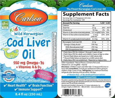 Photo of the Carlson Kid's Wild Norwegian Cod Liver Oil Bubble Gum label