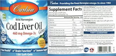 Photo of the Carlson Cod Liver Oil Gems Natural Lemon Flavor label