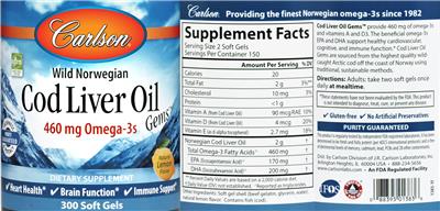 Photo of the Carlson Cod Liver Oil Gems Natural Lemon Flavor label