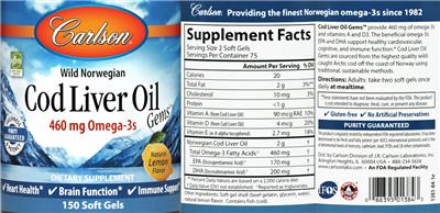 Photo of the Carlson Cod Liver Oil Gems Natural Lemon Flavor label