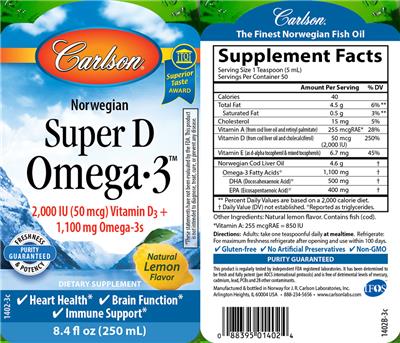 Photo of the Carlson Super D Omega-3 Natural Lemon Flavor label