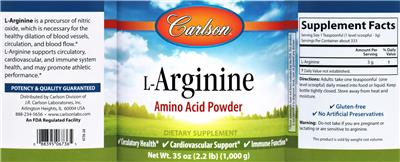 Photo of the Carlson L-Arginine Amino Acid Powder label
