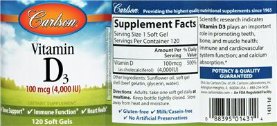 Photo of the Carlson Vitamin D3 100 mcg (4,000 IU) label