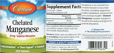 Photo of the Carlson Chelated Manganese 20 mg label