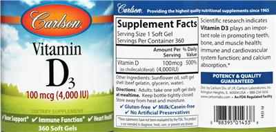 Photo of the Carlson Vitamin D3 100 mcg (4,000 IU) label
