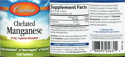 Photo of the Carlson Chelated Manganese 20 mg label