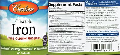 Photo of the Carlson Chewable Iron 27 mg Natural Grape Flavor label