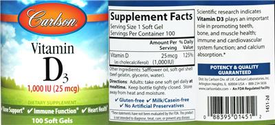 Photo of the Carlson Vitamin D3 1,000 IU (25 mcg) label