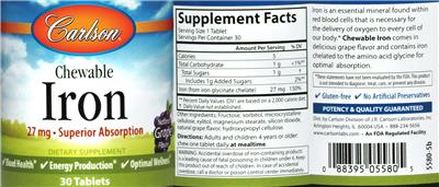 Photo of the Carlson Chewable Iron 27 mg Natural Grape Flavor label