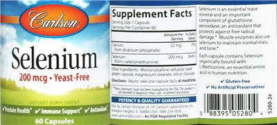 Photo of the Carlson Selenium 200 mcg label