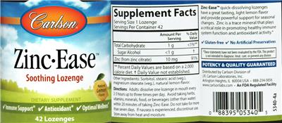 Photo of the Carlson Zinc-Ease Natural Lemon Flavor label