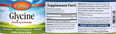 Photo of the Carlson Glycine Amino Acid Powder label