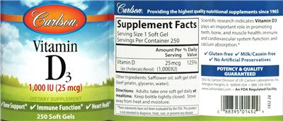 Photo of the Carlson Vitamin D3 1,000 IU (25 mcg) label