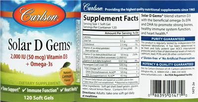 Photo of the Carlson Solar D Gems Natural Lemon Flavor label