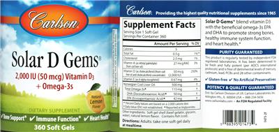 Photo of the Carlson Solar D Gems 2,000 IU (50 mcg) Natural Lemon Flavor label