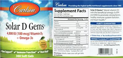 Photo of the Carlson Solar D Gems 4,000 IU (100 mcg) Natural Lemon Flavor label