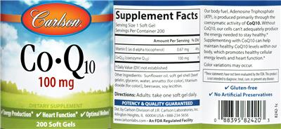 Photo of the Carlson Co-Q10 100 mg label
