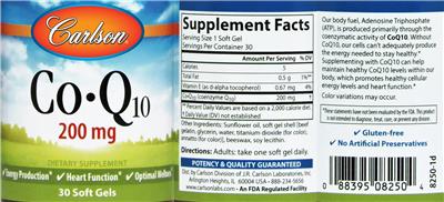 Photo of the Carlson Co-Q10 200 mg label