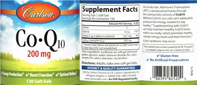 Photo of the Carlson Co-Q10 200 mg label