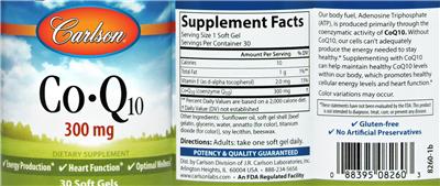 Photo of the Carlson Co-Q10 300 mg label