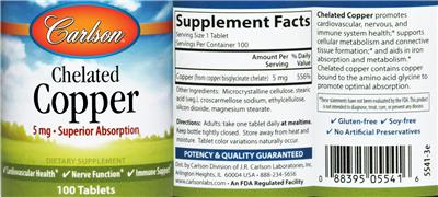 Photo of the Carlson Chelated Copper 5 mg label