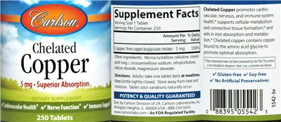 Photo of the Carlson Chelated Copper 5 mg label