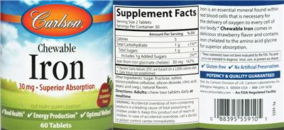 Photo of the Carlson Chewable Iron 30 mg Natural Strawberry Flavor label
