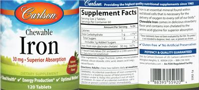 Photo of the Carlson Chewable Iron 30 mg Natural Strawberry Flavor label