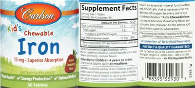 Photo of the Carlson Kid's Chewable Iron 15 mg Natural Strawberry Flavor label