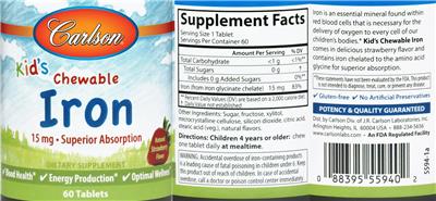 Photo of the Carlson Kid's Chewable Iron 15 mg Natural Strawberry Flavor label