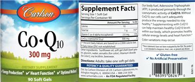 Photo of the Carlson Co-Q10 300 mg label