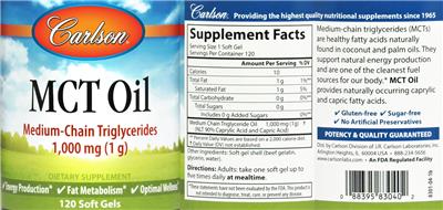 Photo of the Carlson MCT Oil 1,000 mg (1 g) label