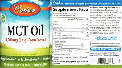 Photo of the Carlson MCT Oil 14,000 mg (14 g) label