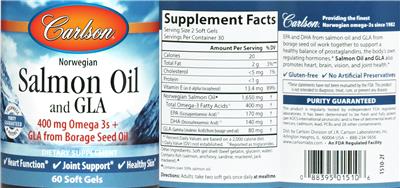 Photo of the Carlson Nowegian Salmon Oil and GLA label